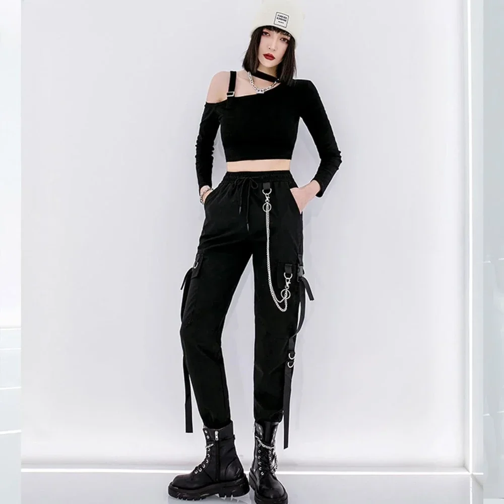 Pantalones informales negros para mujer en primavera otoño estilo coreano Ins Hip-Hop estudiante suelto de cintura alta pantalones Cargo de pierna delgada a la moda