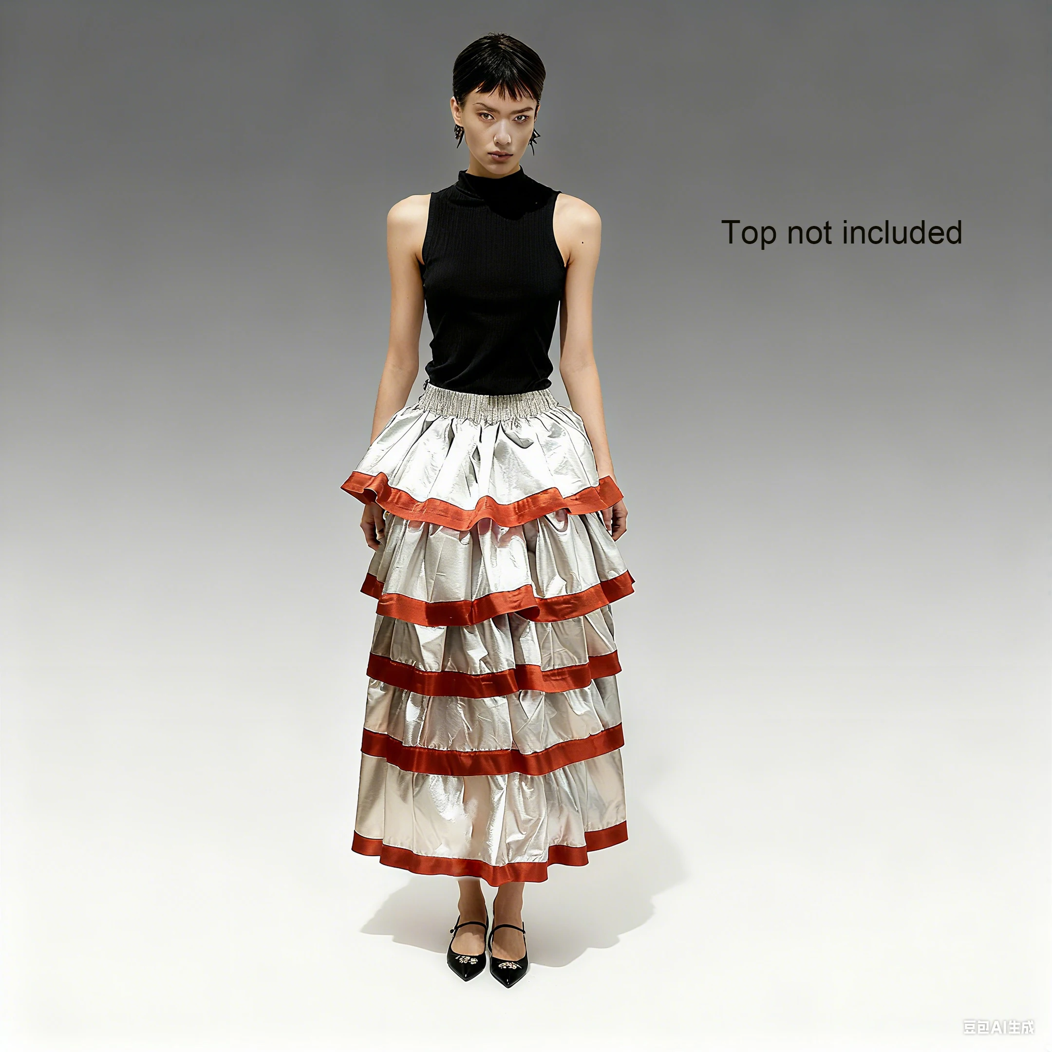 Falda de quince capas de metal plateado y rojo para mujer, estilo bloques de color, para actuación de flamenco, vestido plisado de media longitud.