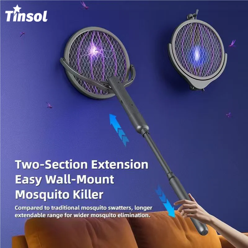 TINSOL Telescopic Electric Mosquito Swatter Rechargeable Rotating Head Mosquito Racket Indoor/Outdoor Dual-Use Mosquito Killer