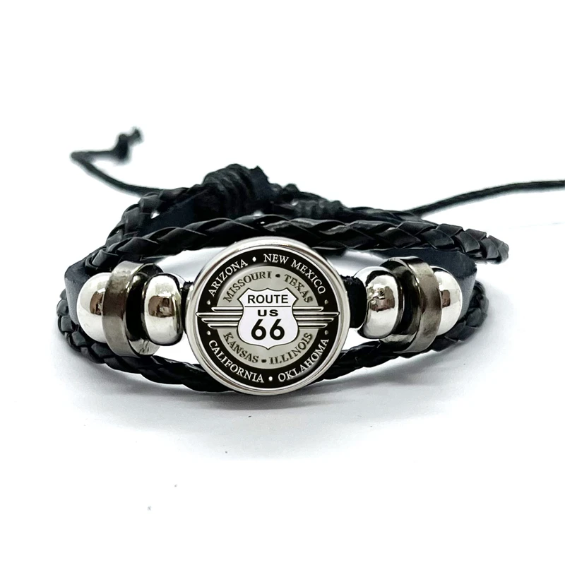 Old-fashion Signs US Route 66 Punk Bracelet Classic Retro Art Photo Glass Leather Bracelets Men Women Jewelry Gifts