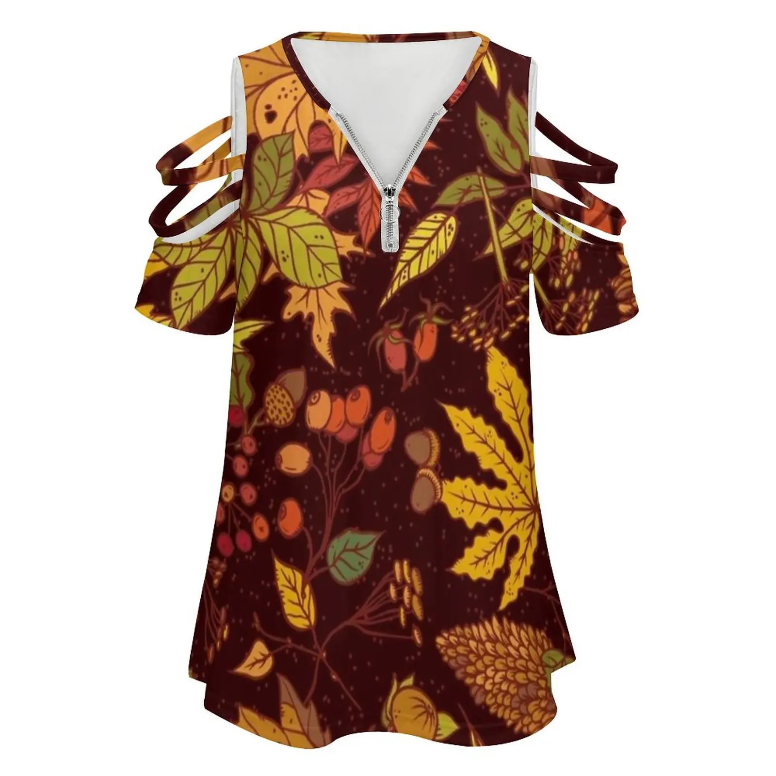 Autumn Leaves , Cones , Dried Flowers And Ripe Berries. Women Zipper Sexy Printed Vintage T Shirts Tops Full Print T-Shirt