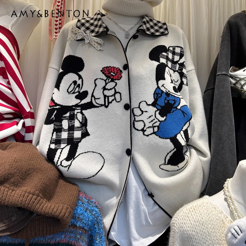 

Y2k Knitted Cardigan For Women's Korean Style Turn-Down Collar Single-Breasted Cartoon Pattern Mid-Length Youthful Thick Sweater