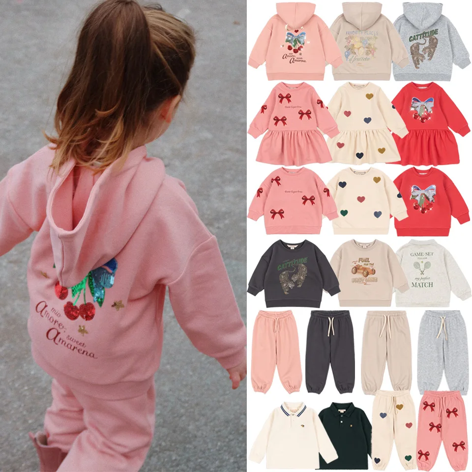 Autumn Winter Kids Clothing Bright Sequin Embroidery Butterfly Knot Hoodie Sweatpants Cartoon Design Kids Fashion Boys Girl
