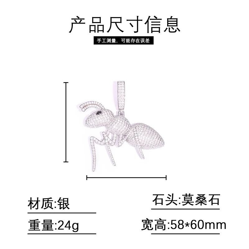 S925 Sterling Silver Moissanite Bling Ice Out Ant Pendants Necklaces for Men Rapper Jewelry White Gold Color Gift
