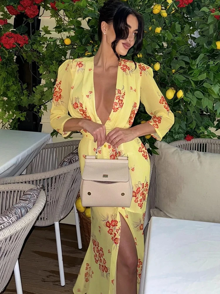 Oniflyme Floral Print Mesh Sexy Midi Dress Women Short Sleeve V Neck Lace Up Sheer Bodycon Party Outfits Elegant Female Vestido
