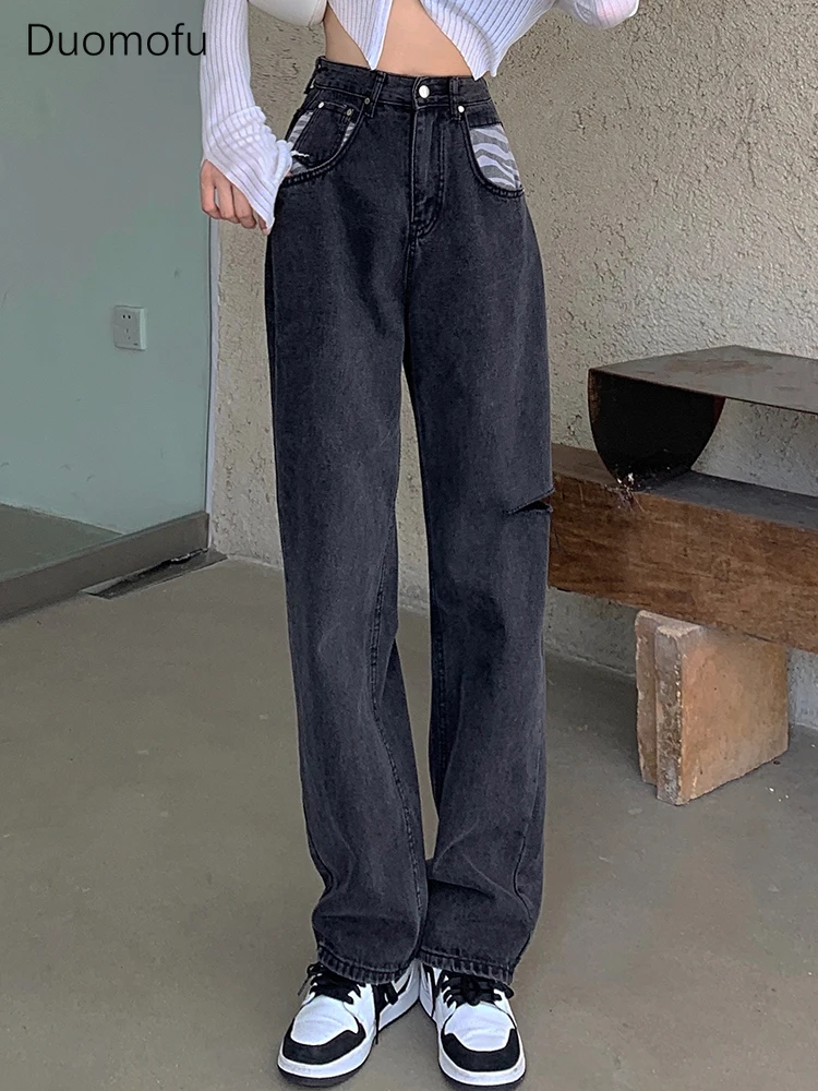 

Duomofu Chicly Hollow Out Contrast Color Pocket Female Jeans Korean Basic High Waist Slim Fashion Full Length Simple Women Jeans