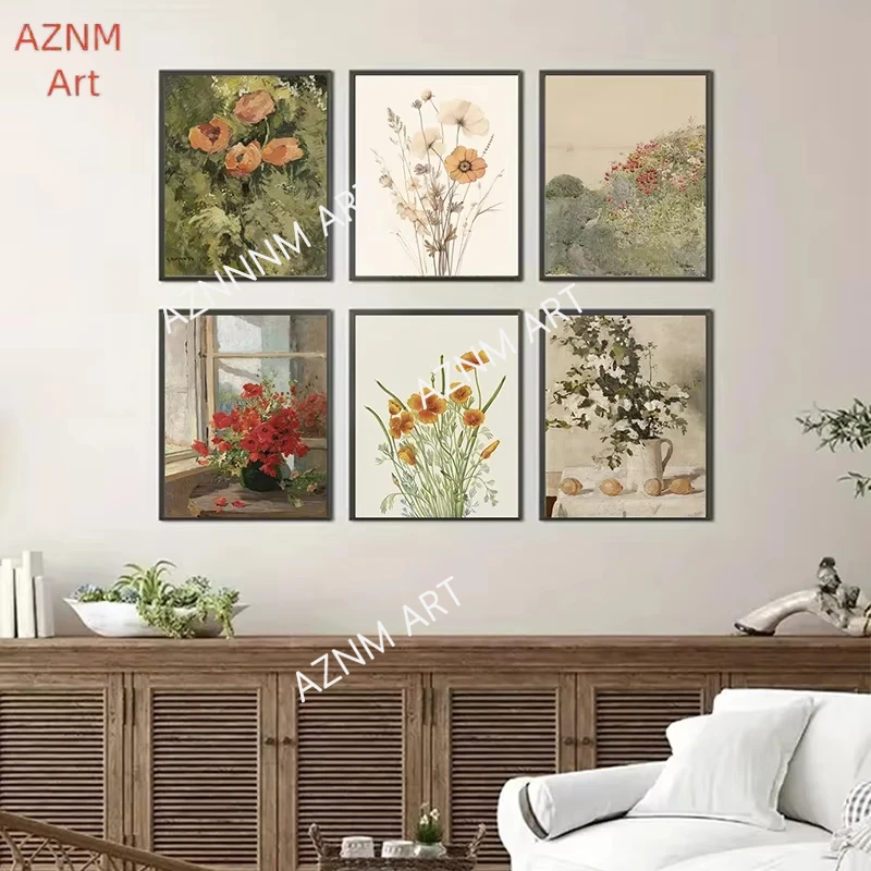 6 Stück skandinavische Vintage-Blumen-Botanik-Poster, Blumen-Leinwandgemälde, Schlafzimmer, Wohnzimmer, Dekoration, rahmenlose Wandkunst