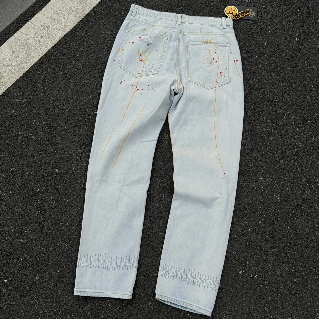 Drew House's Happy Face Denim Hole-Torn Sky Blue Men's and Women's Casual Straight Denim Pants