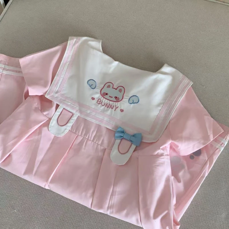 Simpatiche orecchie di coniglio Colletto blu scuro Mini abito Kawaii Stile preppy giapponese Dolce manica corta Abito a pieghe rosa Abiti ABDL Bow Cos