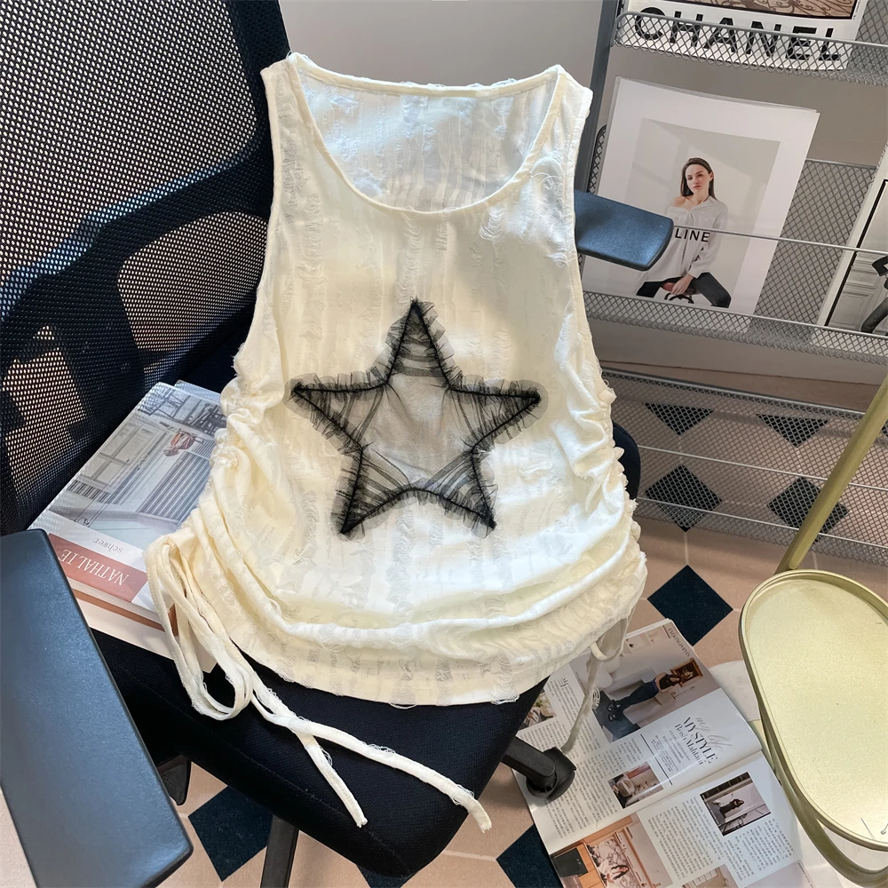 

Women Star Embroidery Vest Summer Dopamine Camisole Vest Sleeveless T-shirt For Women Summer Star Drawstring Sweet Top