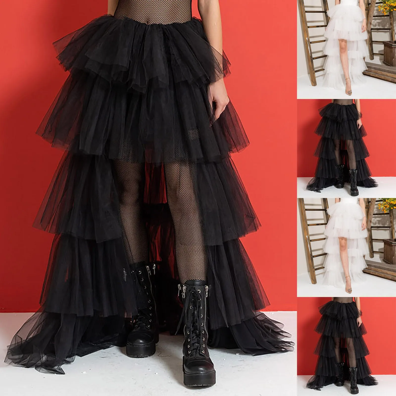 

High Low Tiered Tulle Skirt Mesh Asymmetrical Ruffle Layered Maxi Skirt Long Tutu Skirts for Women Elastic Waist Pleated