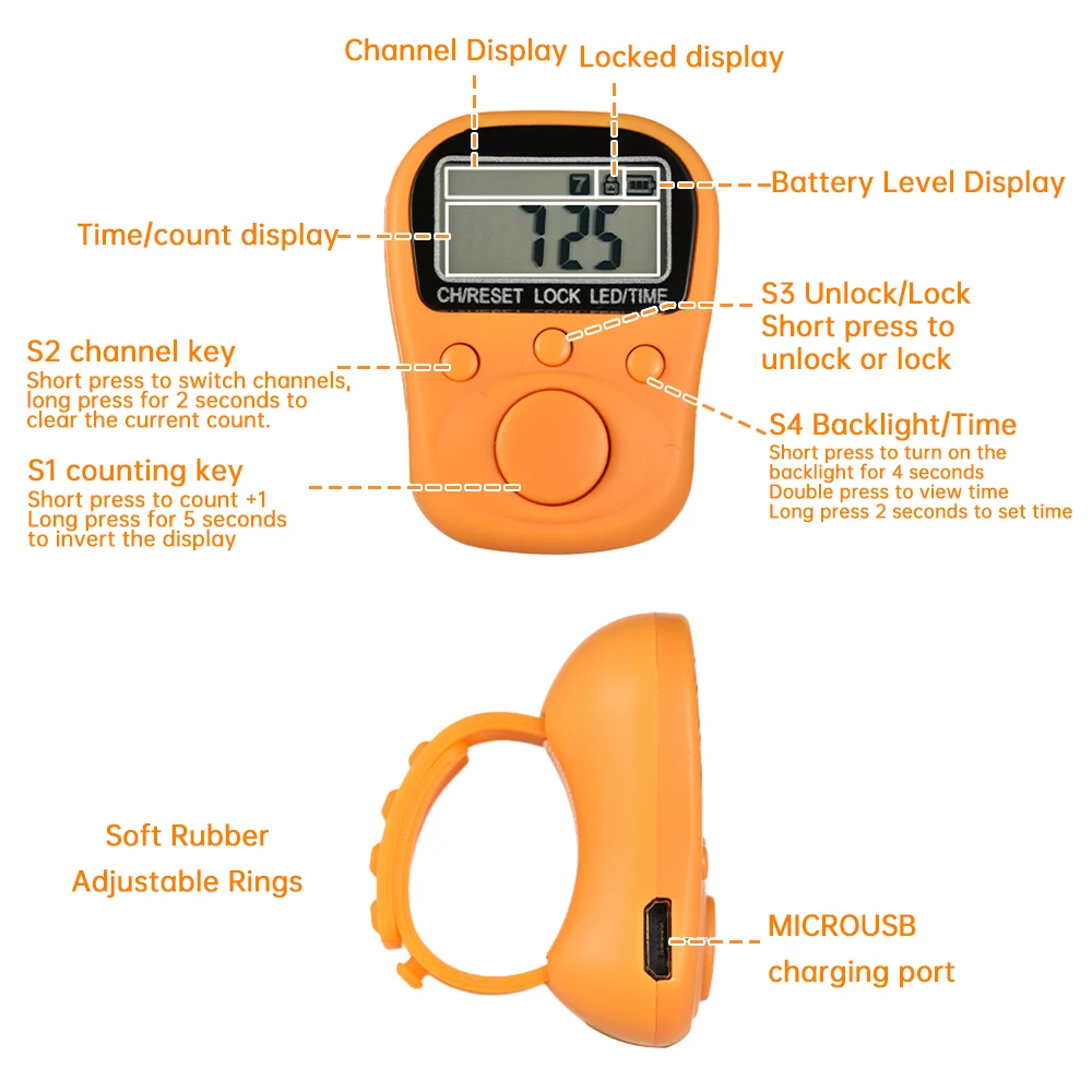 Finger Ring Counter Upgraded Seven Channel Illuminated Time Luminous Counter Lockable Rechargeable Counter Sewing Weave Soccer