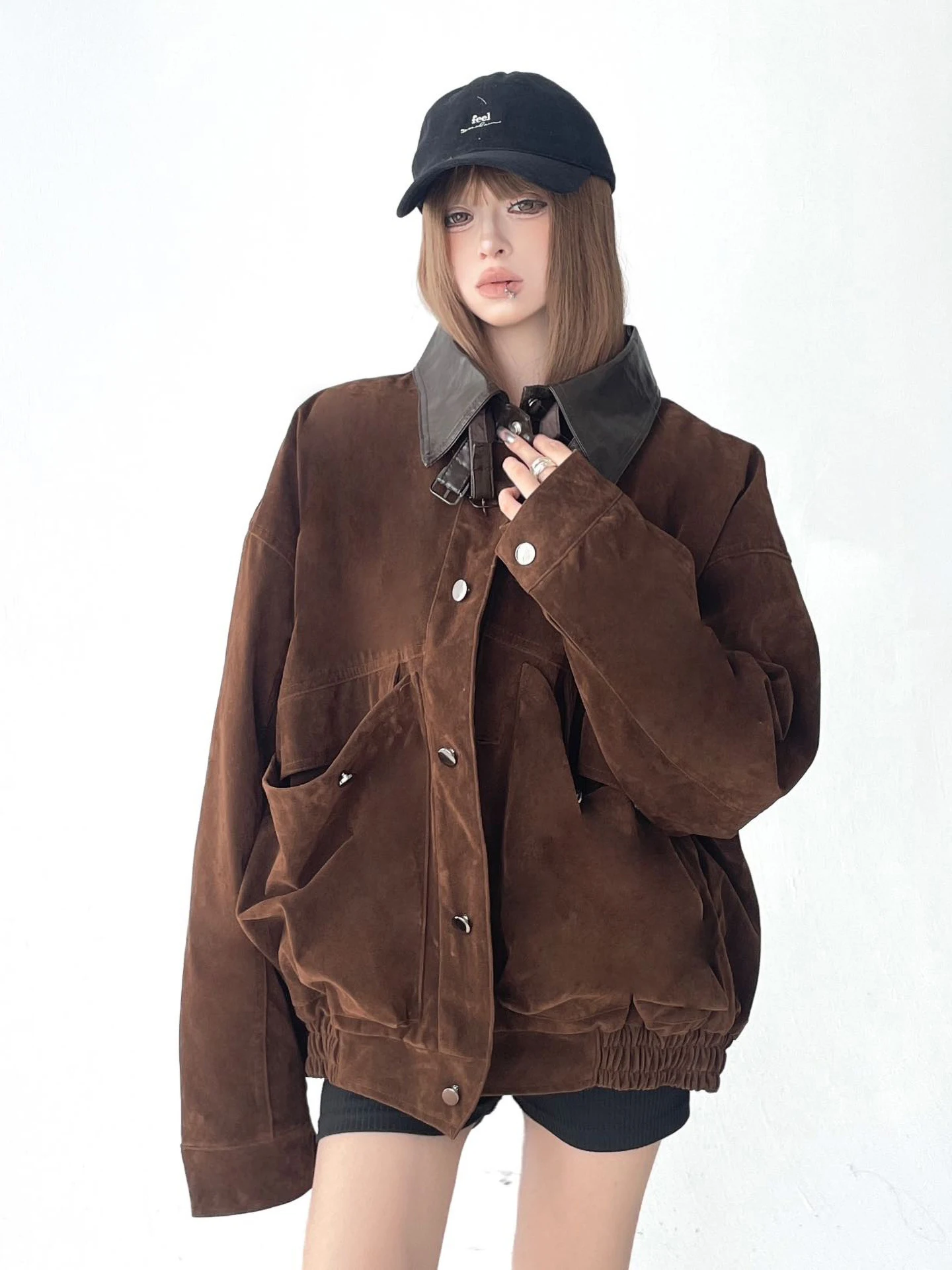 Retro American Suede Workwear Collar Jaet Winter Thiened ort Coat Couple Matching Faux Fur Outerwear Polyester Blend