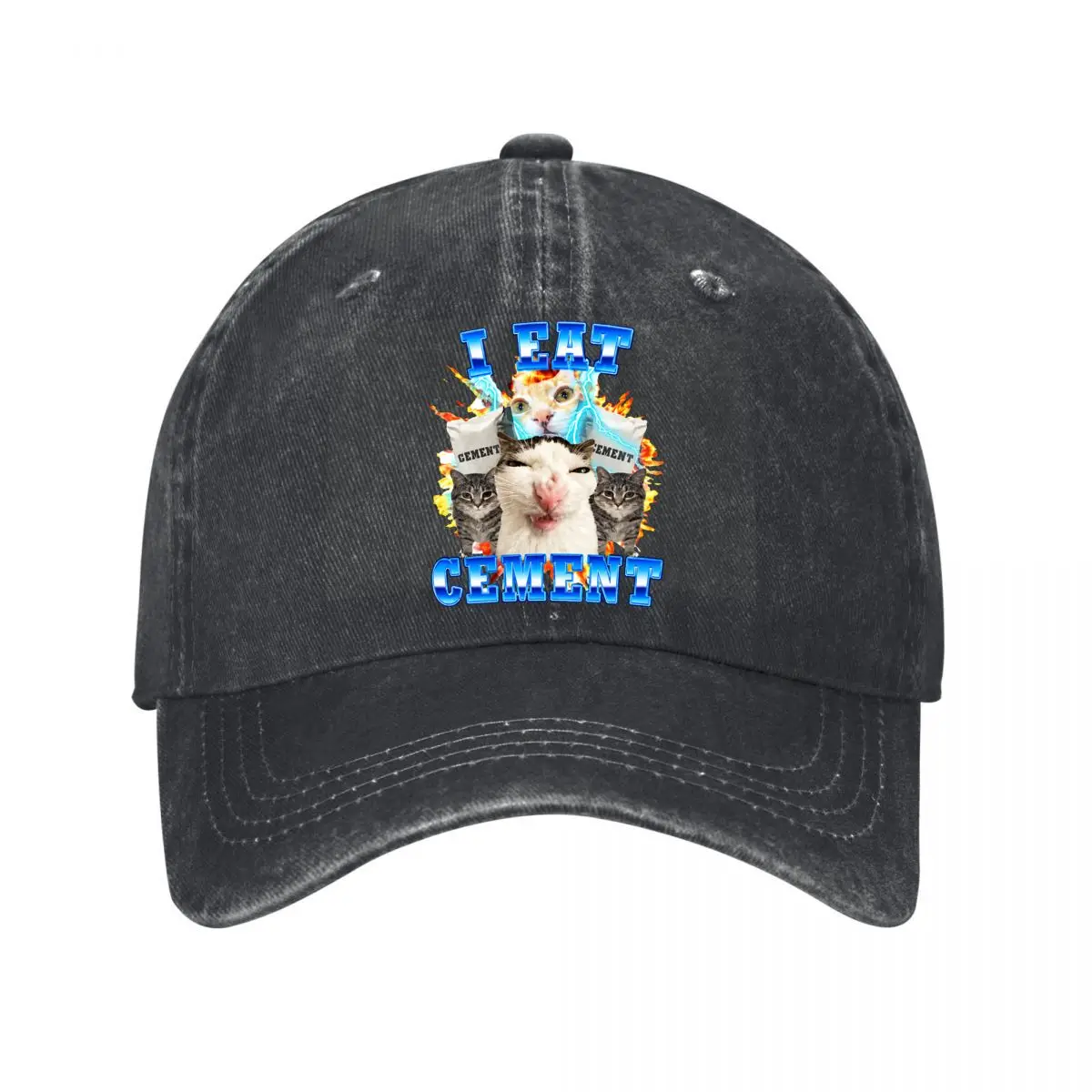 EAT CEMENT Funny Cat Meme Three Cats Graphic New Vintage Washed Cotton Baseball Cap Sun Hats