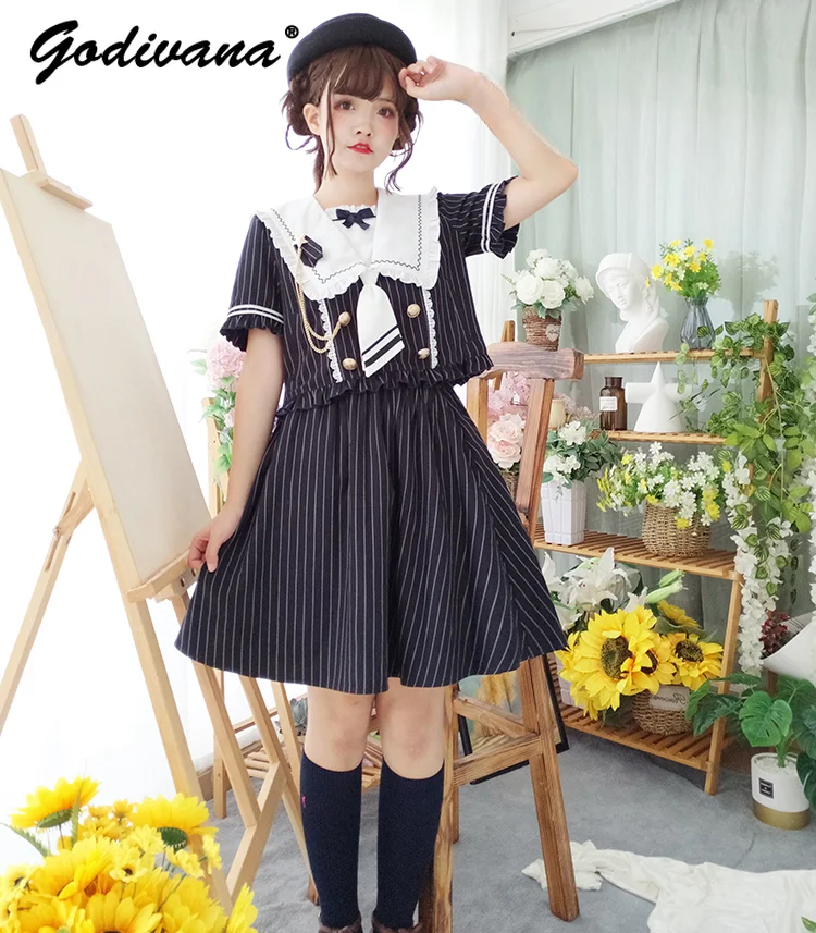 

Original New Summer Cute Girl Sailor Collar Short Sleeve Stripes Top Shirt High Waist A-line Skirt 2 Piece Women JK Skirt Set