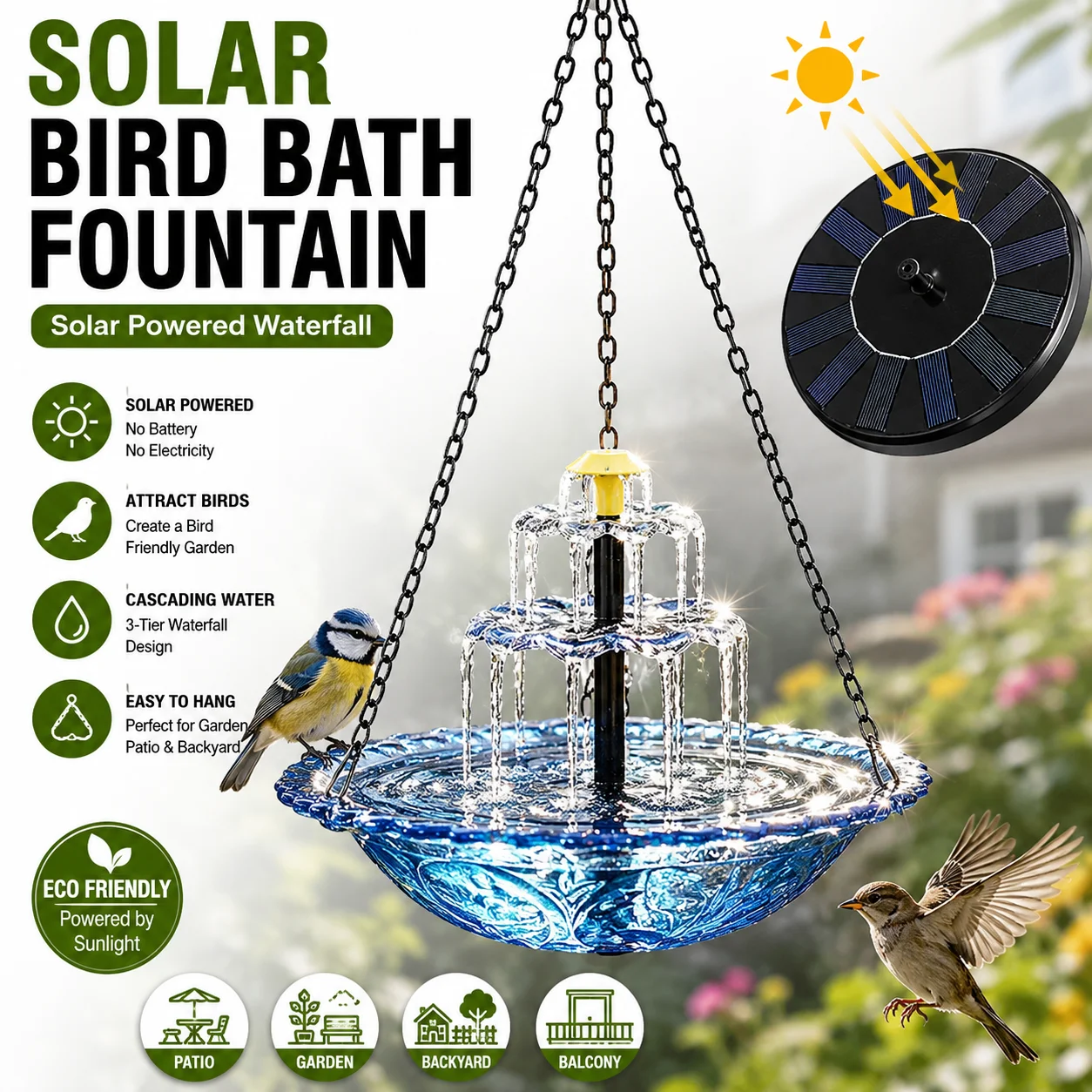 Bonsai Garden Fountain - Outdoor Hanging Solar Bird Bath Fountain,
