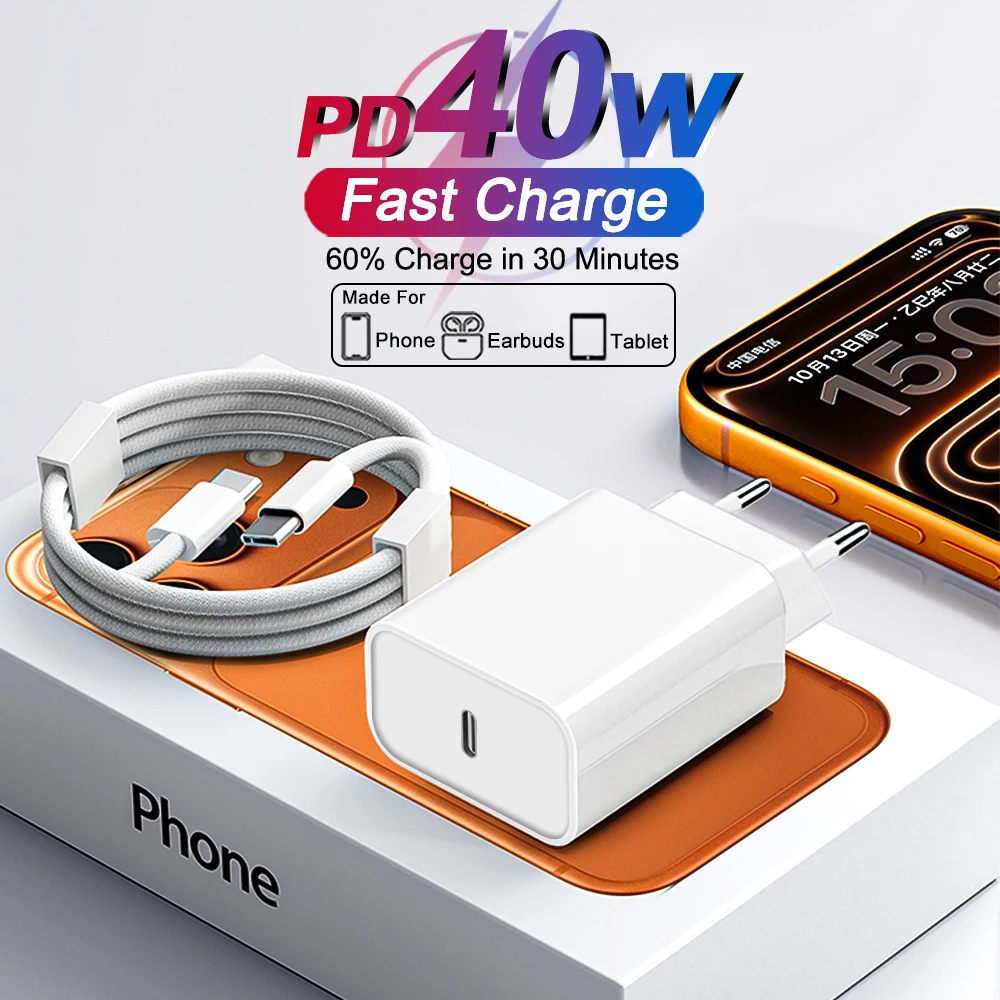 Chargeur rapide EU PD 40W pour iPhone 17 16 15 11 12 13 14 Pro Max iPad Air, câble de charge rapide USB C Type C, câble de données, chargeur de téléphone