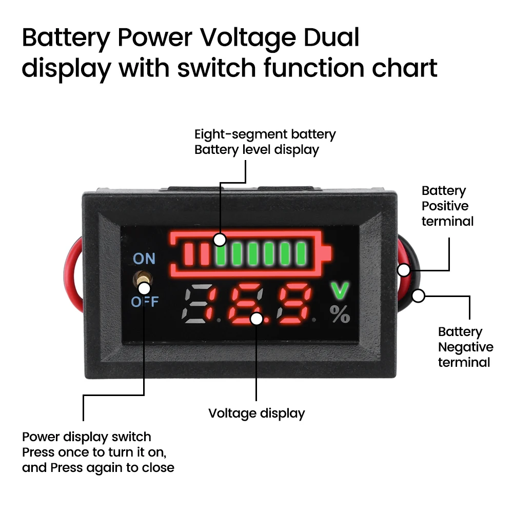 7-100V Battery Capacity Tester LED Digital Display Lead-Acid Lithium Battery General Voltmeter with Switch for Automotive Cars