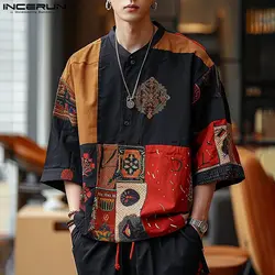 Men Shirt Ethnic Style Printing Stand Collar 3/4 Sleeve Vintage Men Clothing 2024 Streetwear Loose Casual Male Shirts INCERUN