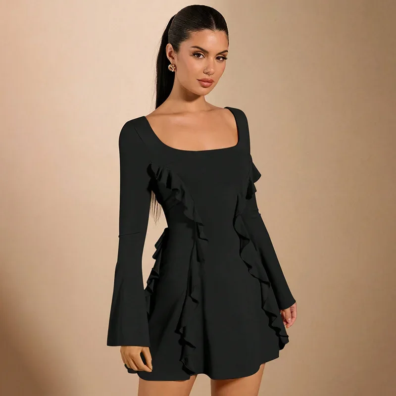 TARUXY Dress Mini Backless wanita, pakaian pesta perempuan Lengan Flare elegan, gaun perca ramping rumbai kerut, gaun Mini renda besar