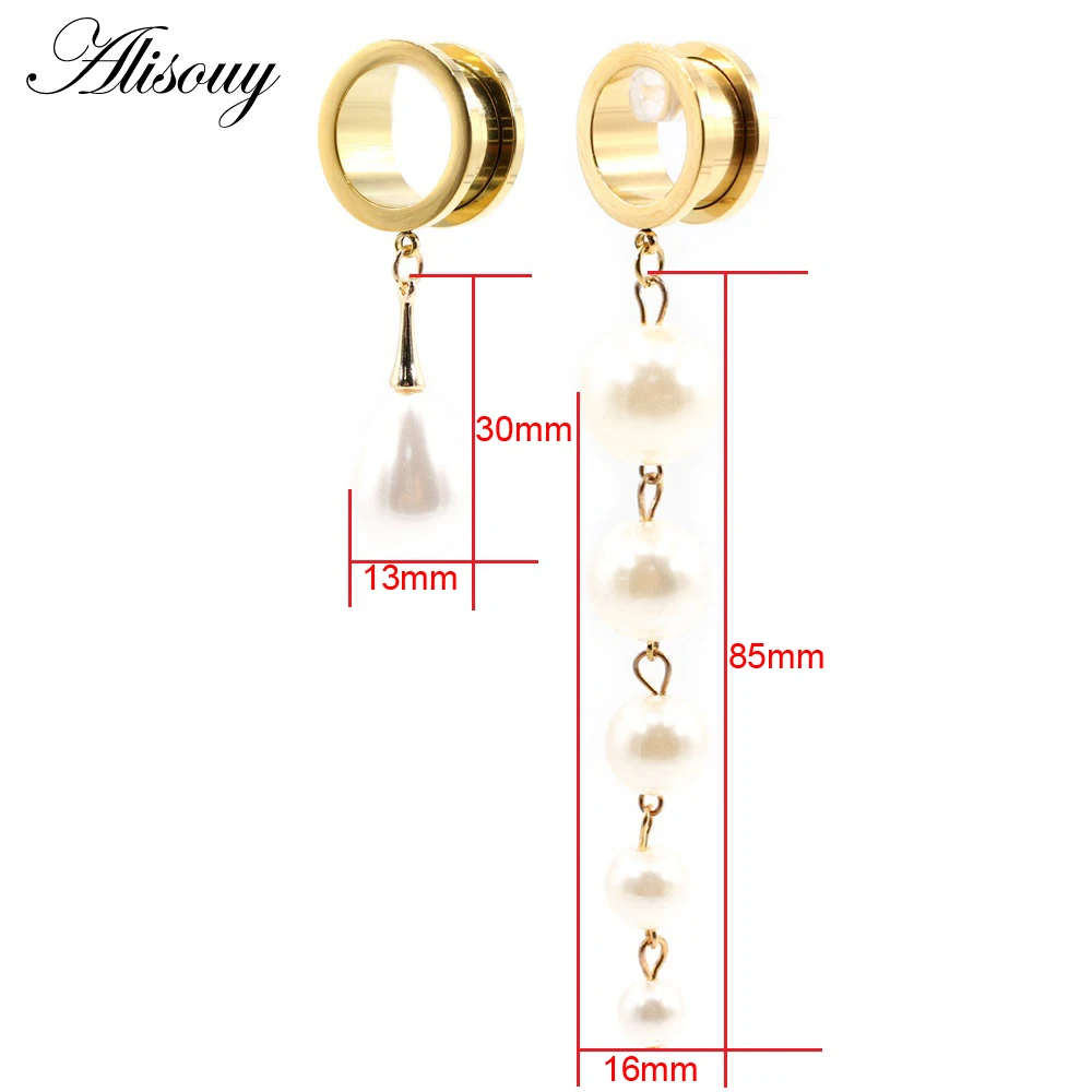 Alisouy 1pc Stainless Steel Water Drop Pearls Ear Flesh Tunnels Plugs Expanders Stretcher Gauges Earrings Piercing Body Jewelry