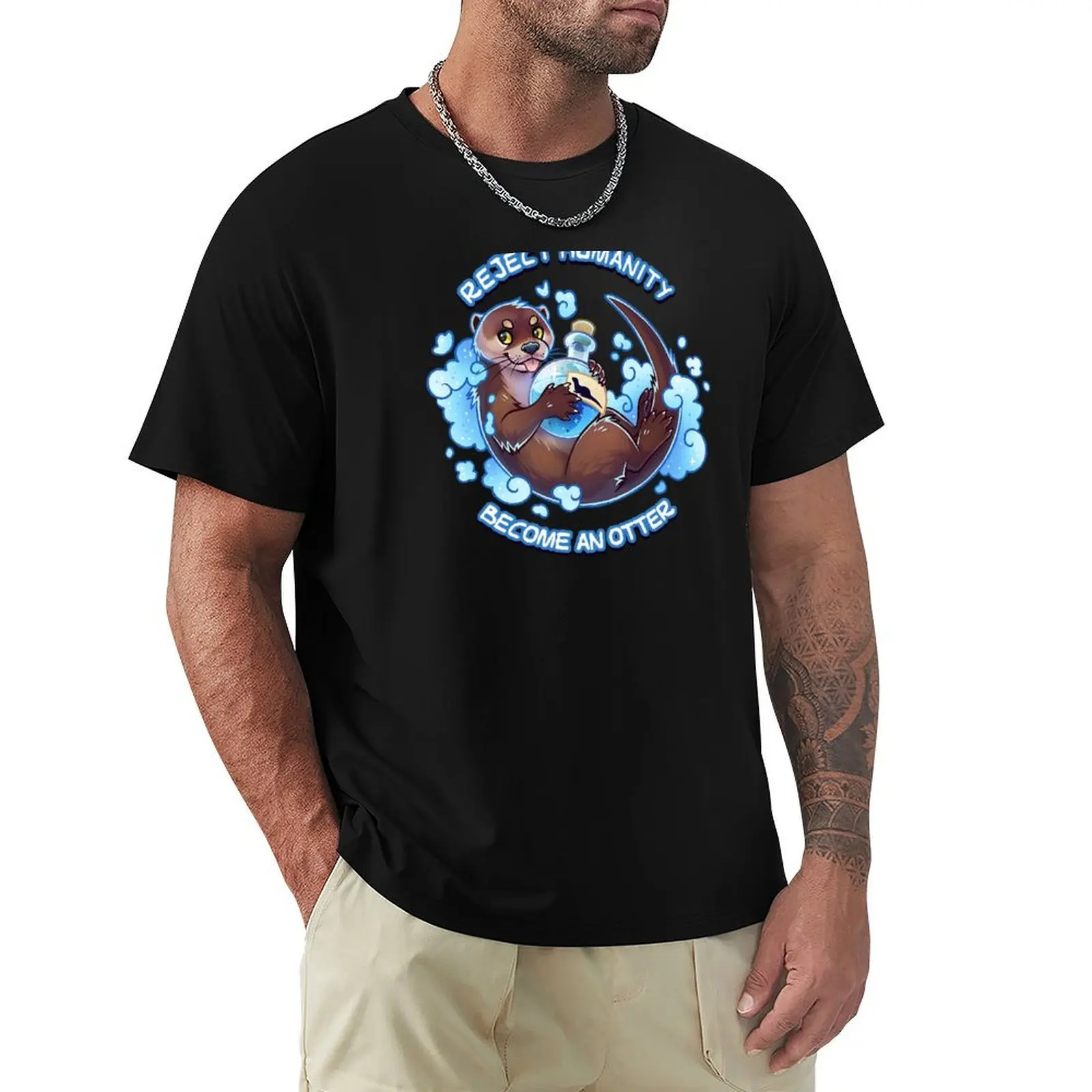 Reject humanity, Become an OTTER! -Otter Blue Potion T-Shirt Fashion Graphic Tee for Men