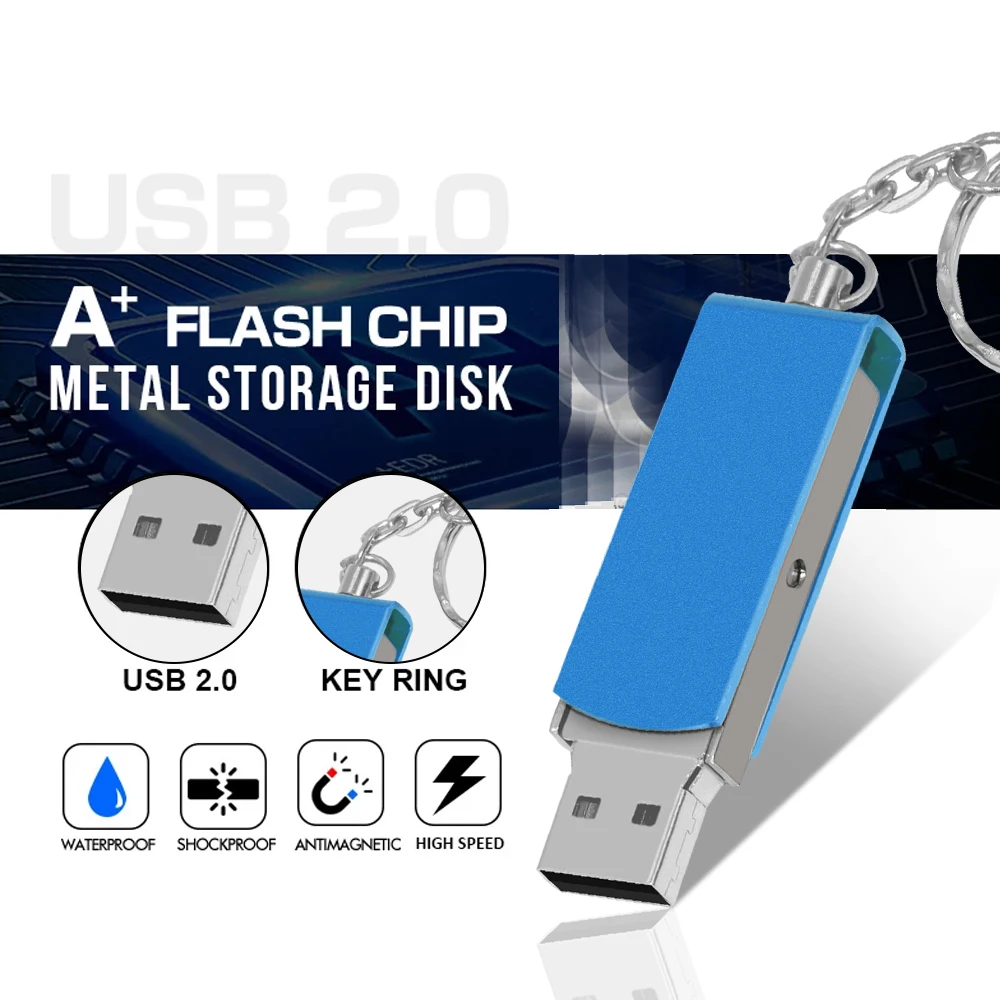 Rotatable Metal USB 2.0 Flash Drive Stick, de alta velocidade, 8GB, 32GB, 128GB, 64GB, Pen Drive impermeável