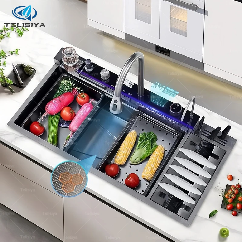 

Large Size Multifunctional Stainless Steel Kitchen Sink Household Wash Dish Basin With Trash Can and Drain Rack Single Slot