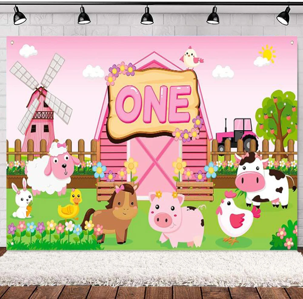 

Farm Animals ONE First Birthday Photography Backdrop Banner Pink Barnyard Background Barn Party Decoration For Girls Baby Shower