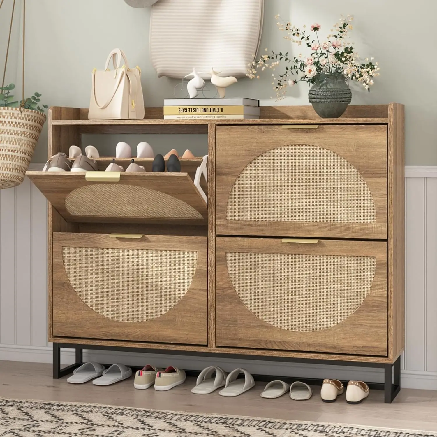 

Narrow Rattan Shoe Cabinet with 4 Flip-Top Drawers, Metal Legs, Rustic Oak Finish, Entryway Storage Unit