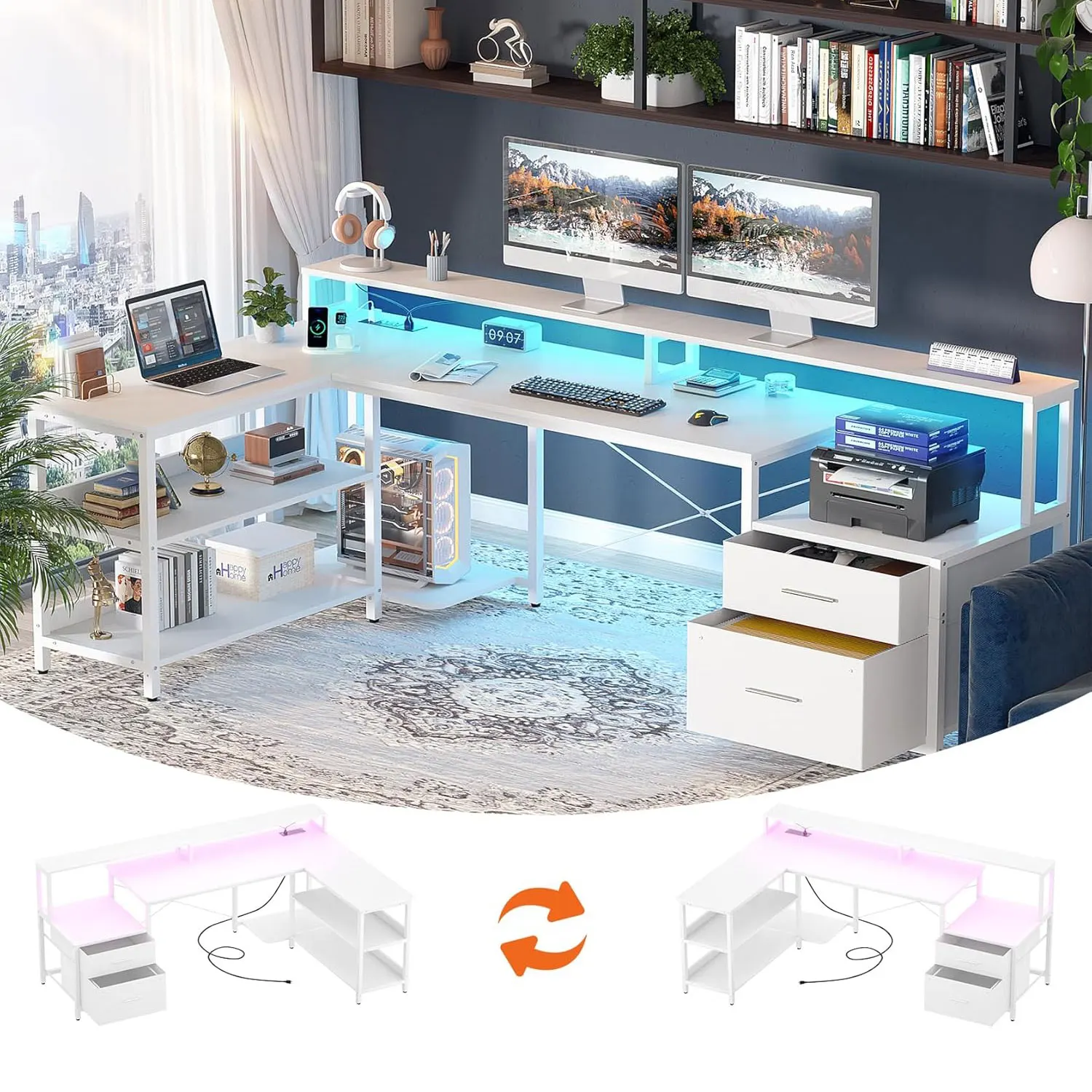 Scrivania a L con presa di corrente, scrivania per computer reversibile a forma di L con cassetto portadocumenti e supporto per monitor, scrivanie da gioco con striscia LED