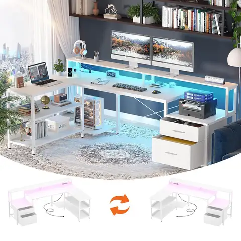 Bureau en forme de L avec prise de courant, bureau d'ordinateur réversible en forme de L avec tiroir pour fichiers et support pour moniteur, bureaux de jeu avec bande LED
