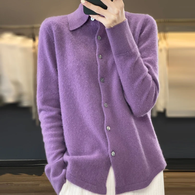 Women Merino Wool Sweater Polo Collar Tailored Cardigan Autumn Winter Cashmere Casual Knitwear Loose Soft Jacket Bottoming Tops