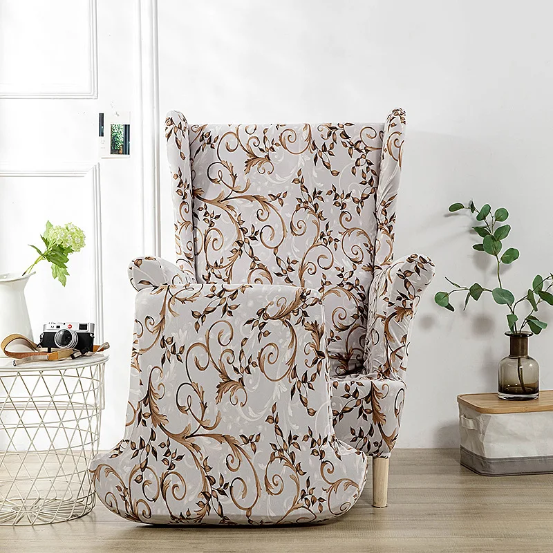 Floral Wing Chair Slipcover Stretch Spandex King Back Armchair Covers Non Slip Relax Sofa Slipcovers with Seat Cushion Covers