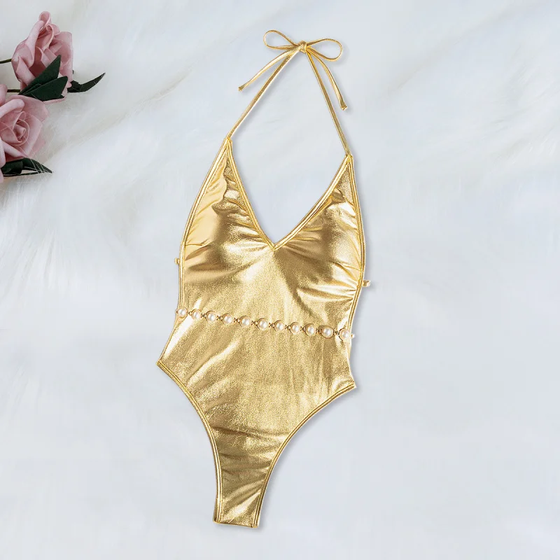 Hot Selling Gold Foil Bikini with Waist Chain Tight Sexy Swimsuit Women's New In Stock