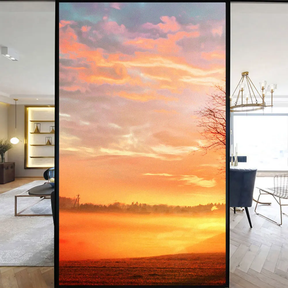 Privacy Windows Film Decorative Sunset Window Stickers No Glue Static Cling Frosted Glass Sticker for Home