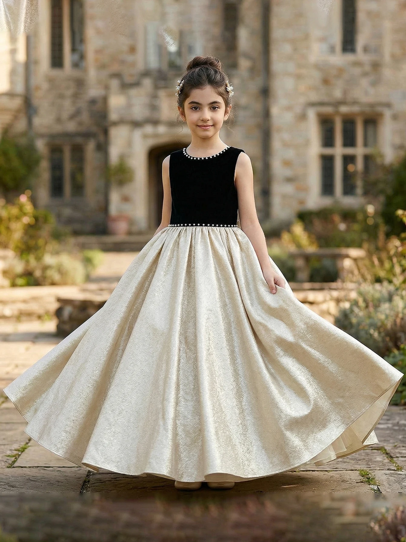 Tween Girl Black Patchwork Golden Satin Surface Elegant Princess Dress Party Gown Birthdays, Weddings, Party, Special Occasions