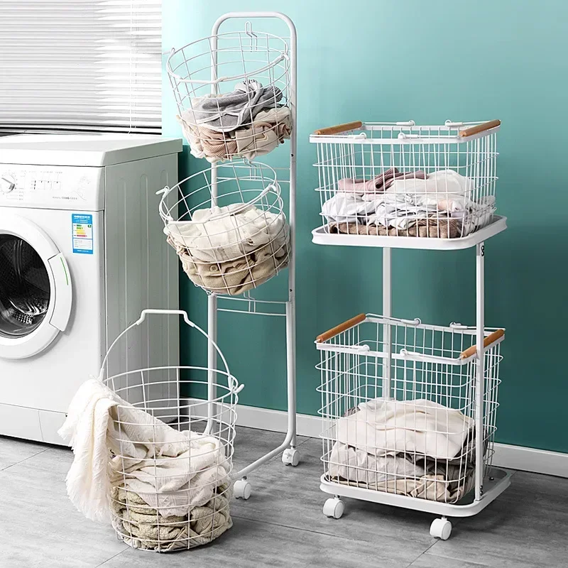 Double Layer Cloth Storage Basket Rack Bathroom Floor Stand with Wheels Clothing and Sundries Organizer Laundry