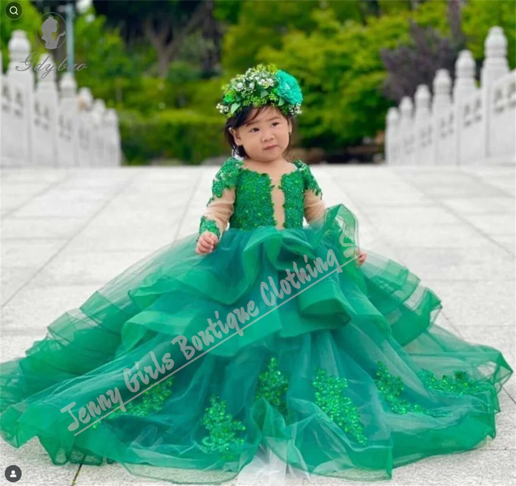 

Flower Girl Dress With Long Sleeves Ruffles Fluffy Birthday Party Dress For Children Suitable Wedding Photography