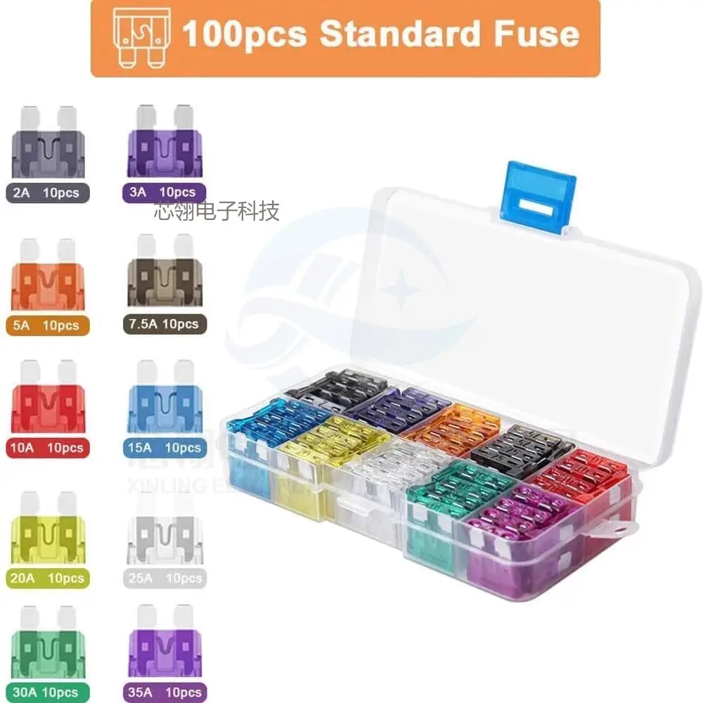 100pcs 2a-35a Medium Car Fuse 10 Specifications Igniter Headlight Air Conditioning Safety Tube Plug 10 Specifications