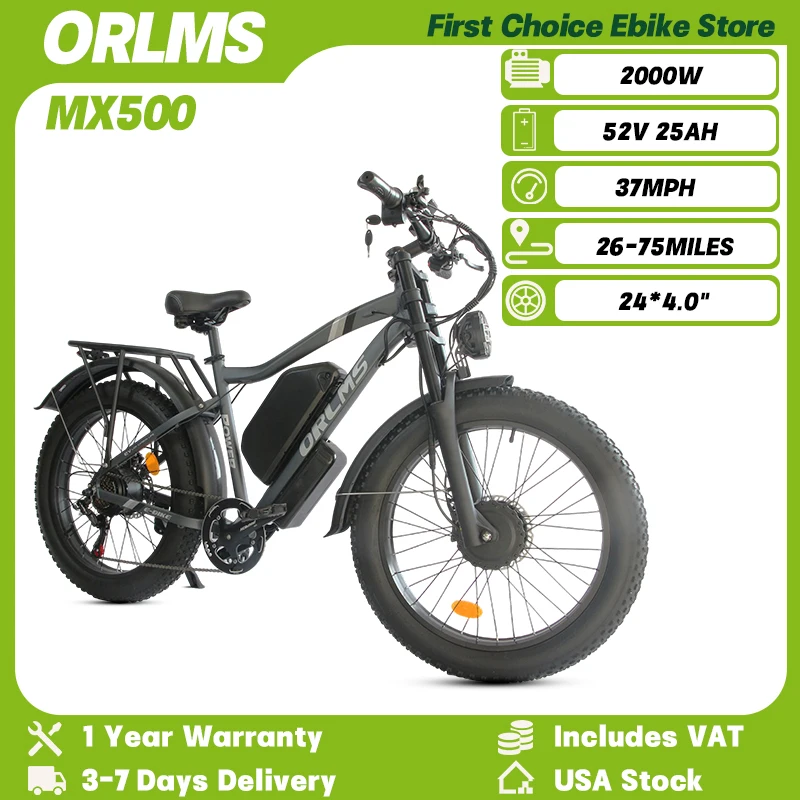ORLMS MX500 الكبار Ebike 2000 واط محرك مزدوج 52 فولت 25 أمبير بطارية مدينة دراجة كهربائية 24*4.0 "الدهون الإطارات المزدوج تعليق دراجة كهربائية