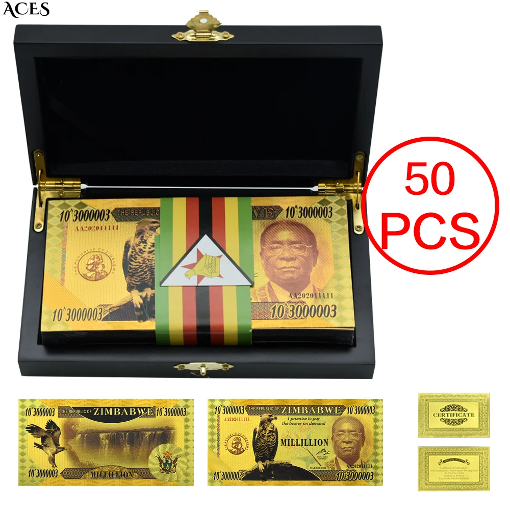 

50pcs Zimbabwe Gold Foil Banknotes Millillion Dollars Classic Vintage Money with Box Art Worth Collection Festival Gift