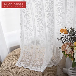 1PC Nuan Series White Tulle Sheer Embroidered Style Flower Striped European Sheer Lace Curtain for Balcony Bedroom Living Room