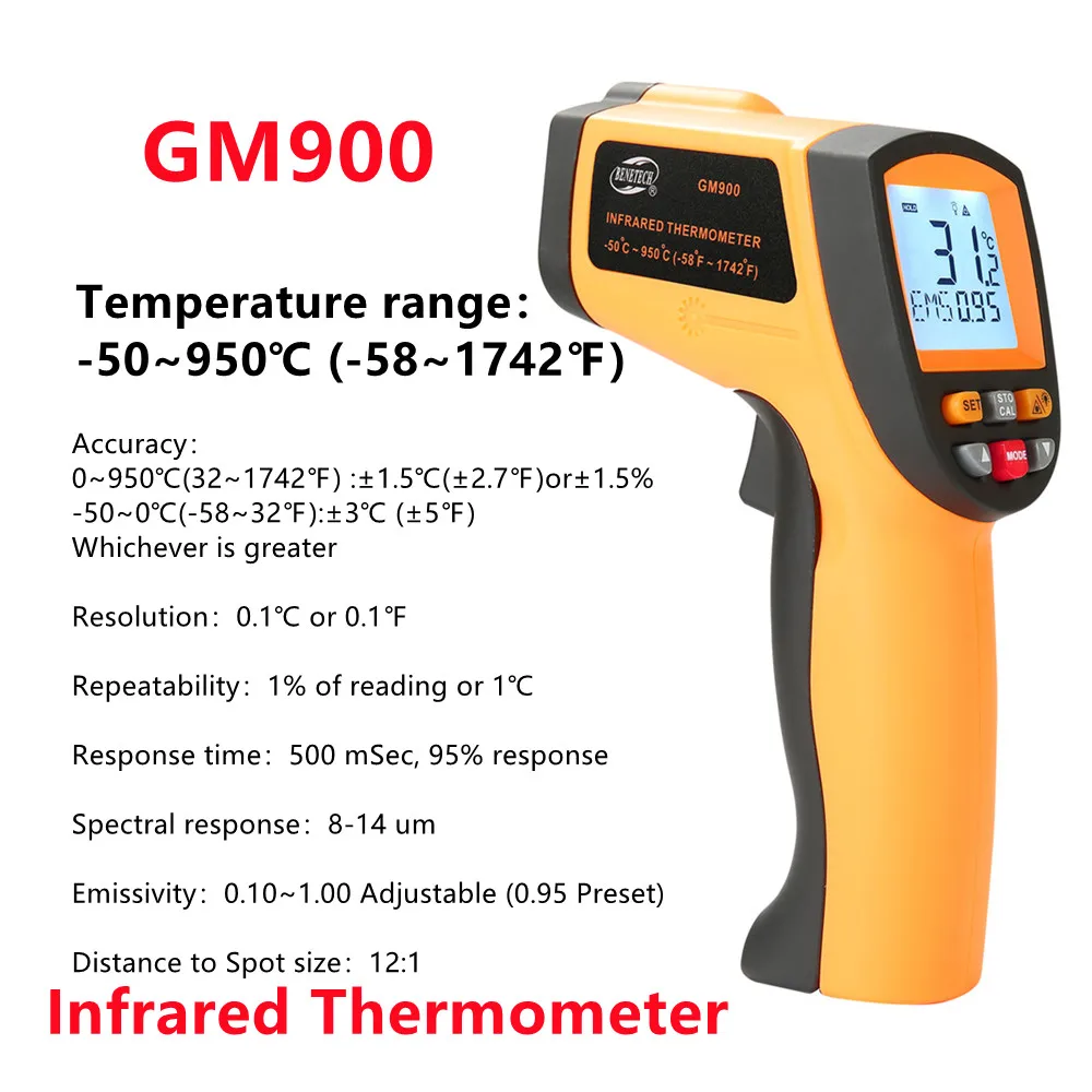 5PCS -50~950℃ Digital Infrared Thermometer Non-Contact GM900 Laser Pyrometer IR Temperature Meter Gun Industrial LCD Pyrometer