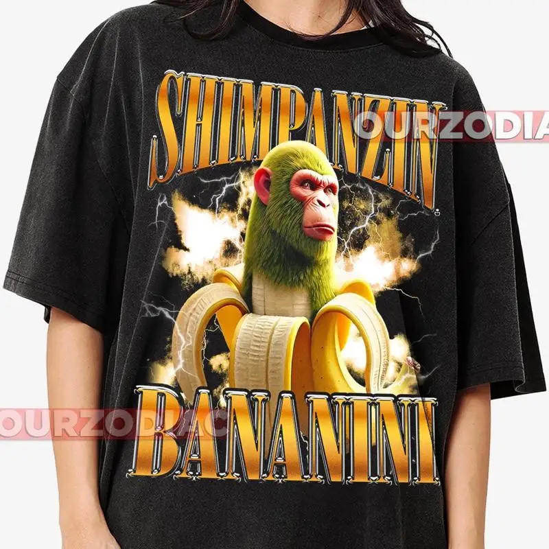 

Шимпанзин Банани Тяжелая хлопковая футболка Забавный мем Итальянский мозг