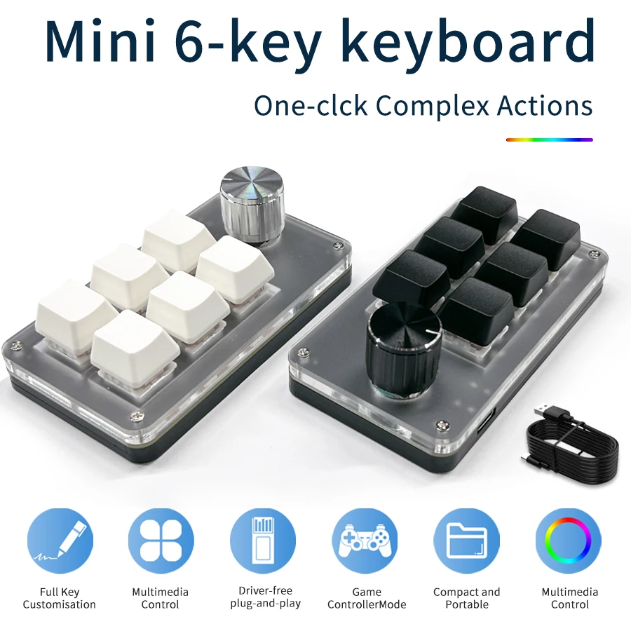 

Mini Custom Programming Keyboard 6 Keys 1 Knob RGB Macro Keypads USB Wired Hot Swap Gaming Drawing Switch Mechanical Macropad