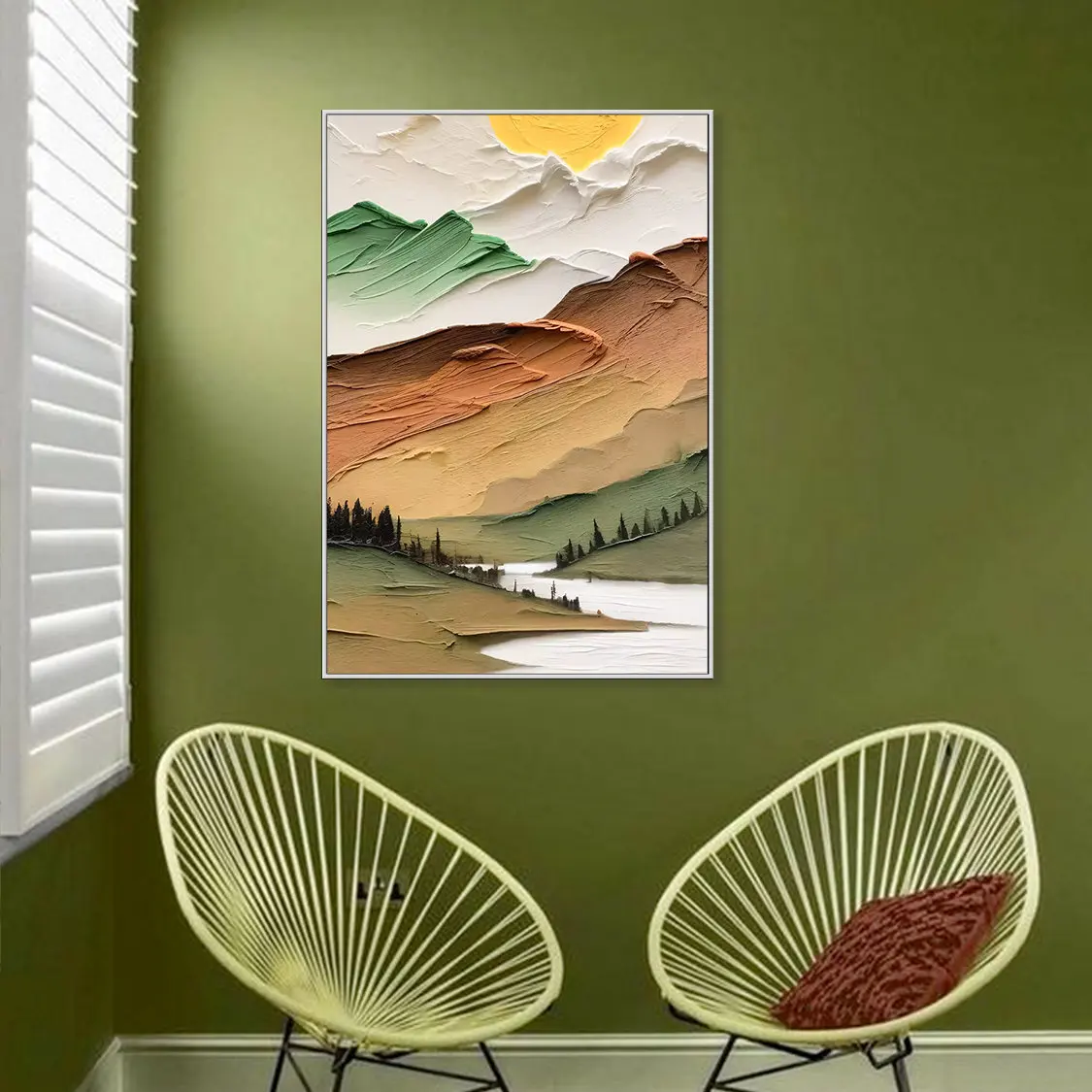 Colorful 2D Textured Landscape Art - Vibrant Sunrise Over Mountain  River Valley Canvas Decor Living Room Art, No Frame