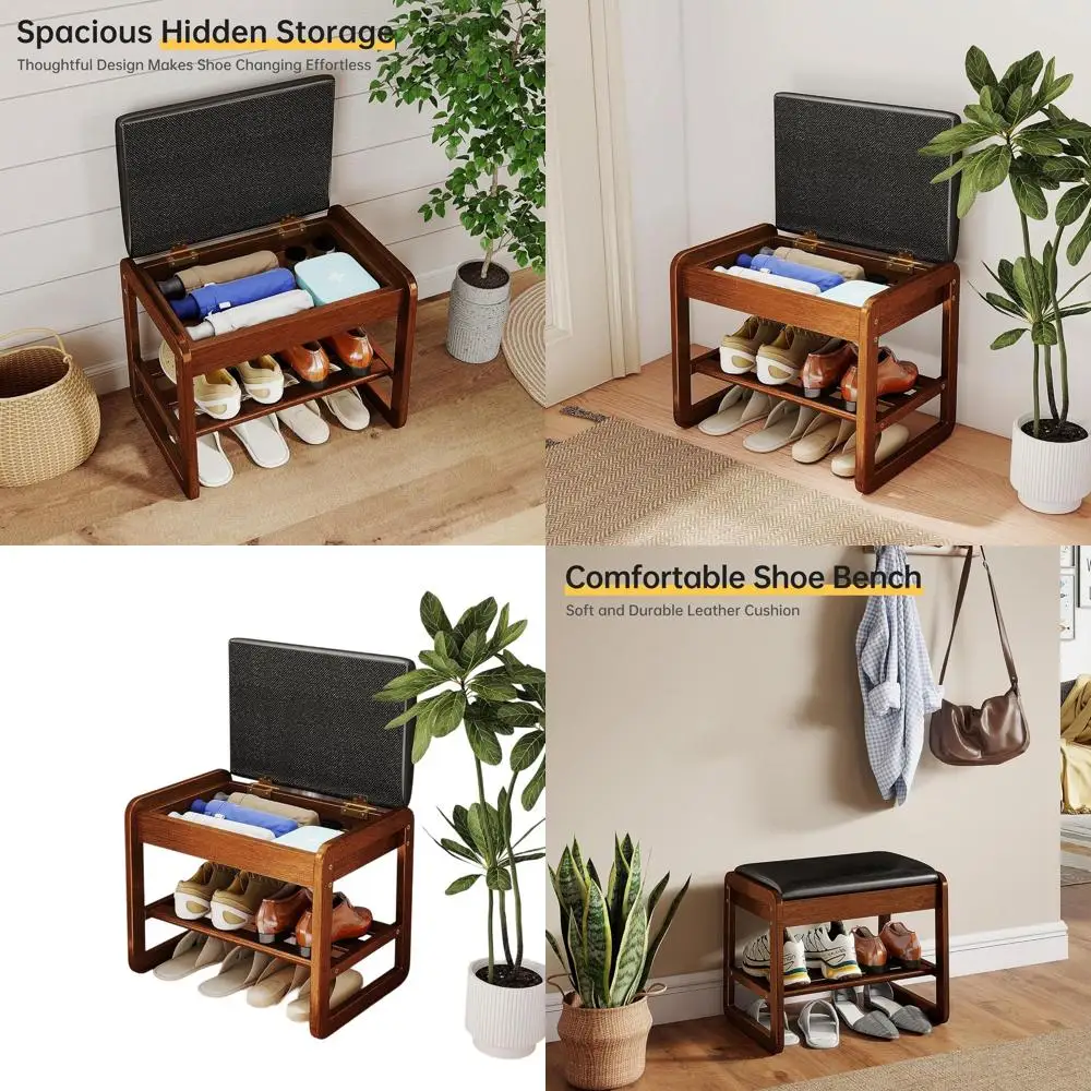 

Wooden Shoe Rack Bench with Cushioned Seat and Flip-Top Storage for Entryways and Mudrooms