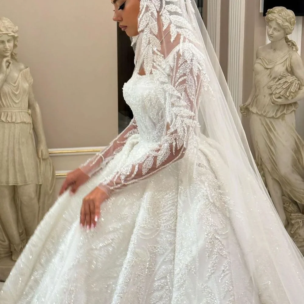 Luxury Dubai Sequins Beading Wedding Dresses Long Sleeves Bridal Ball Gowns Custom Made Dress Vestido De Novia