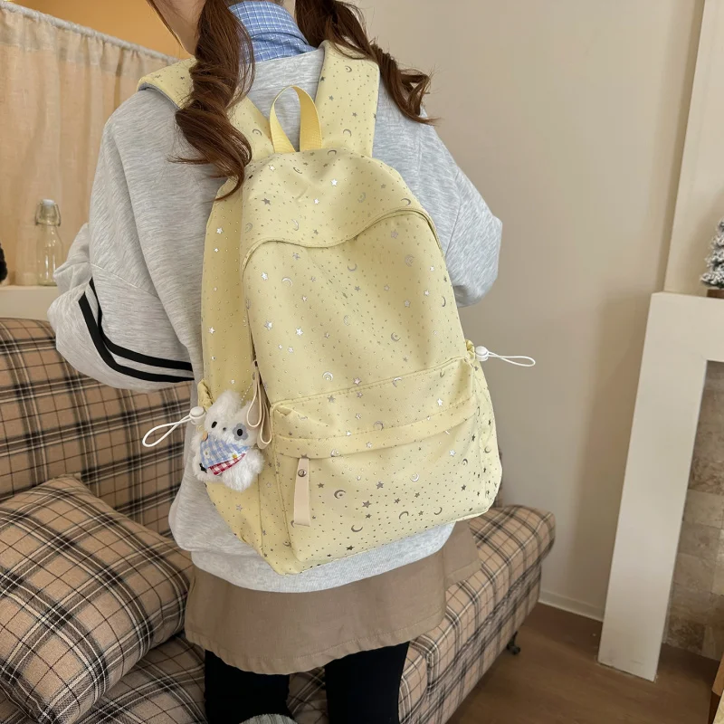 Korean Style Star and Moon Backpack for Female Middle School Students, Youthful and Elegant Campus Lightweight Simple Double Sho